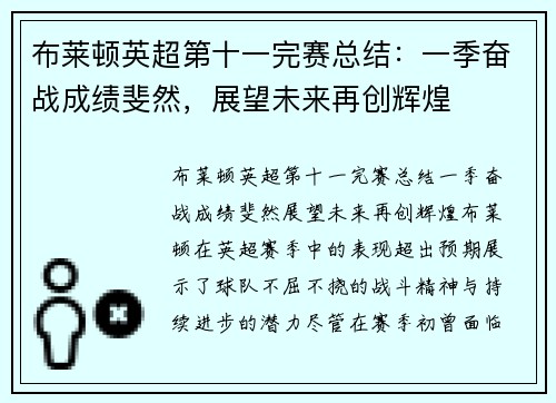 布莱顿英超第十一完赛总结：一季奋战成绩斐然，展望未来再创辉煌