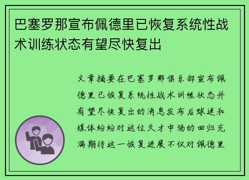 巴塞罗那宣布佩德里已恢复系统性战术训练状态有望尽快复出